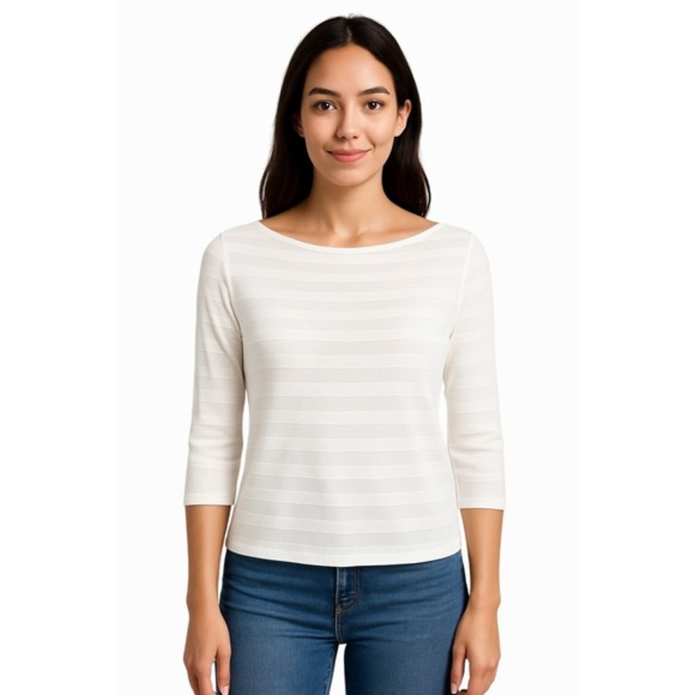 LOFT White Shadow Sheer Stripe Long Sleeve Boat Neck Knit Sweater S Chic 50-11
